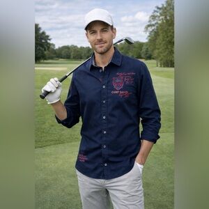 Camp David Melbourne Golf Muscle Fit Button Up Shirt Mens M Black Long Sleeve